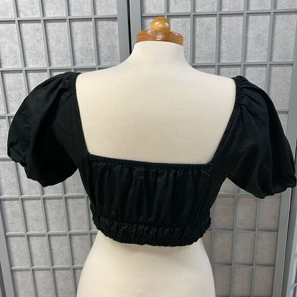 Avec Les Filles, Puff-sleeved cropped blouse, Black, Women’s Extra Small - Picture 2 of 7